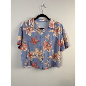 Becool Button Down Shirt Womens Small Blue Floral Tropical Short Sleeve Rayon